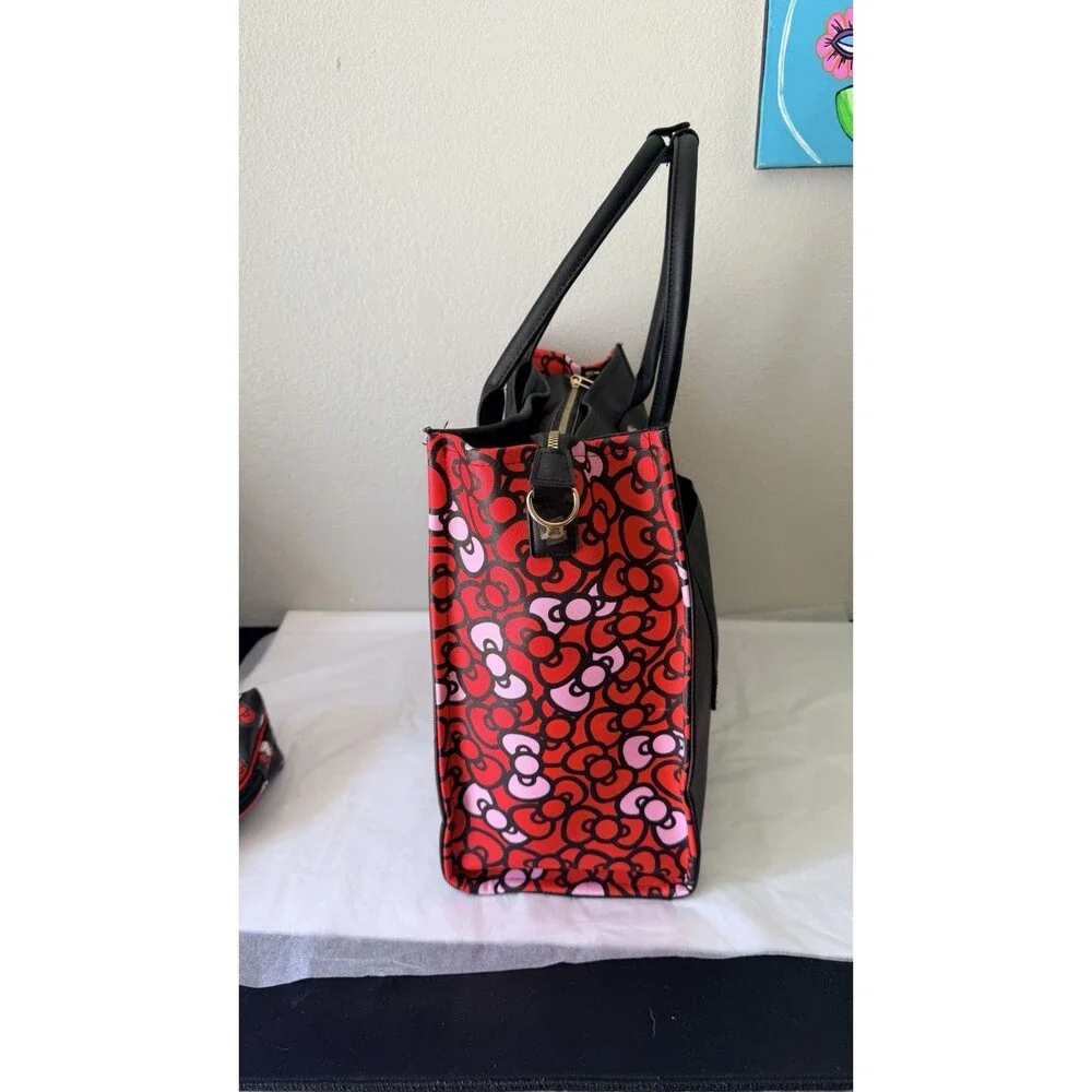 Hello Kitty 3 Piece Bag Set Tote Cosmetic Pouch Crossbody Purse Black Red Sanrio